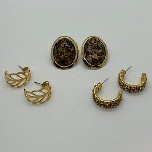 Vintage 80s Goldtone Earring Lot 3 Pairs Leaf Hoop Rhinestone Oval Acrylic Stud